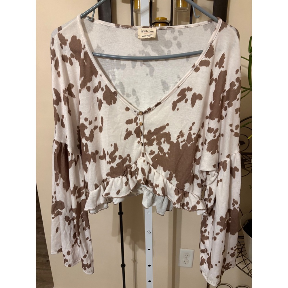 Peach Love California Cow Print Ruffle Crop Top Brown White Bell Sleeve V-Neck